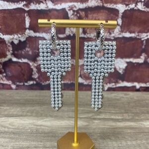 Silver pearl Key shaped fashion statement drop earrings
